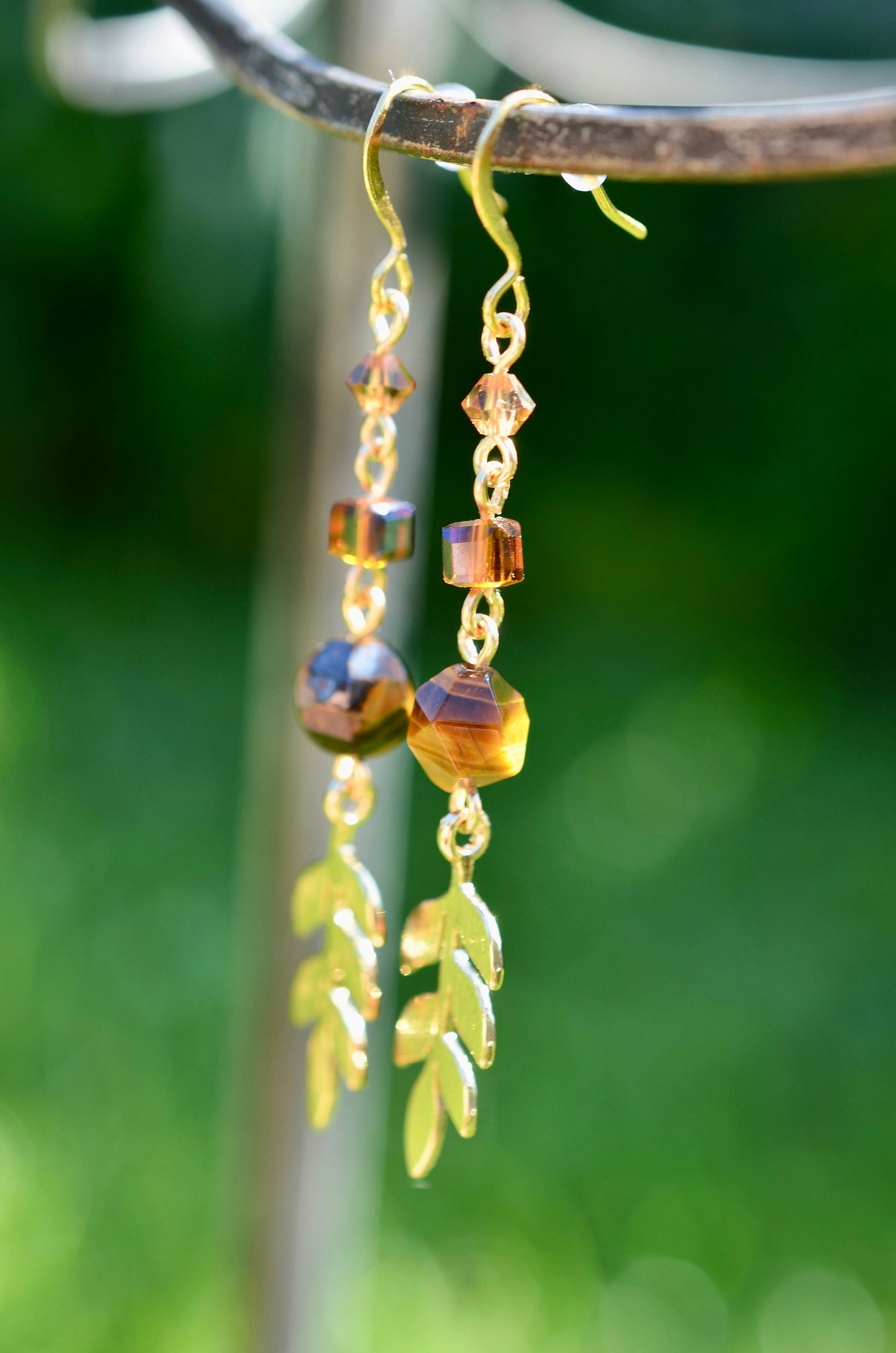 Tigers Eye Dangle Earrings, Leaf Charm, Gold Filled Jewelry, Boho Earrings