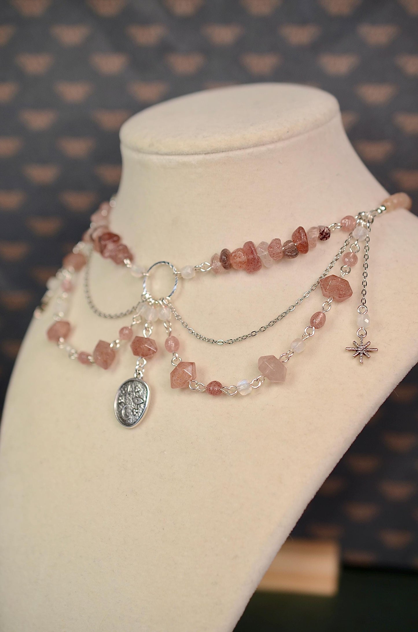 Gemstone Necklace: Strawberry Quartz, Celestial Jewelry, Moon and Stars, Crystal Choker, Sterling Silver Necklace, Stainless Steel