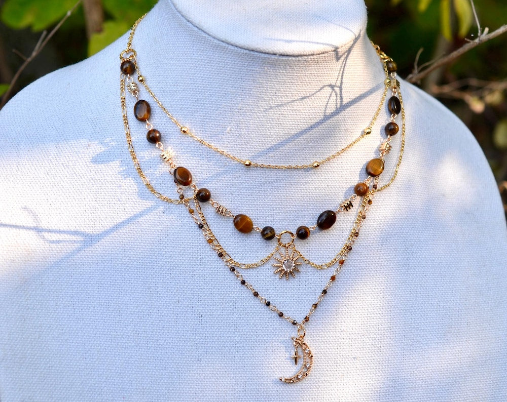 Tiger's Eye Layered Necklace: Gold Filled Celestial Jewelry