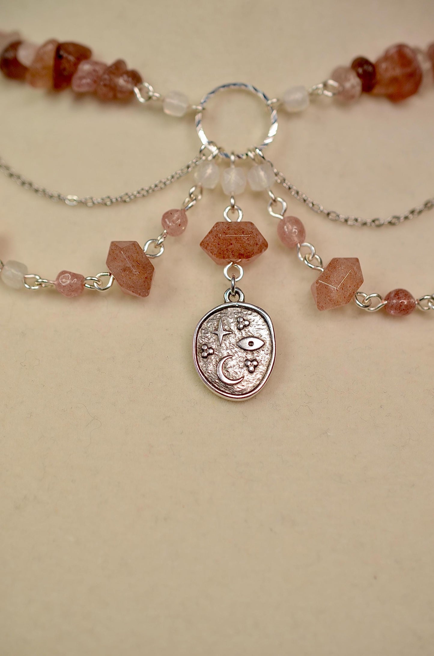 Gemstone Necklace: Strawberry Quartz, Celestial Jewelry, Moon and Stars, Crystal Choker, Sterling Silver Necklace, Stainless Steel