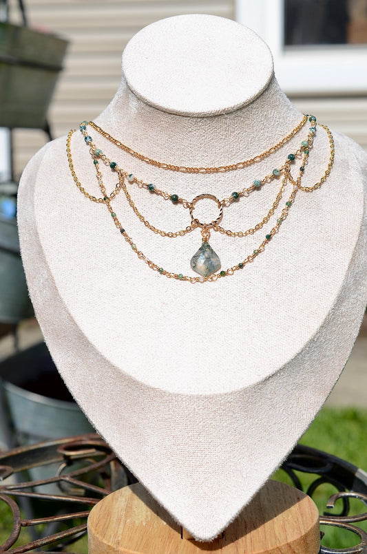 Moss Agate Necklace, Gold Filled Necklace, Cottagecore, fairycore necklace, healing stones, celestial jewelry, witchy jewelry, green witch