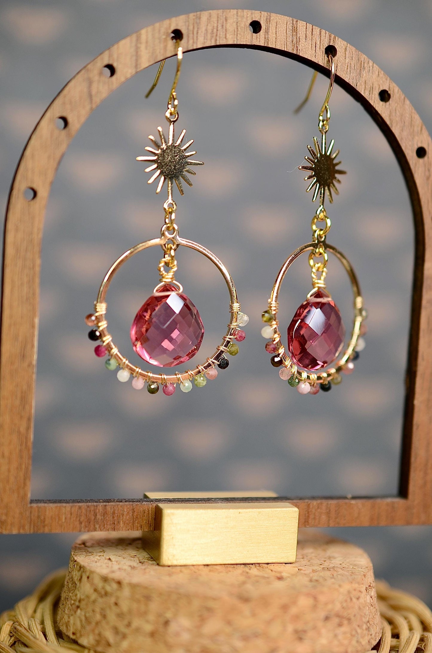 Gemstone Earrings: Tourmaline Stone, Celestial Earrings, Sun Charm, Wire Wrapped Jewelry