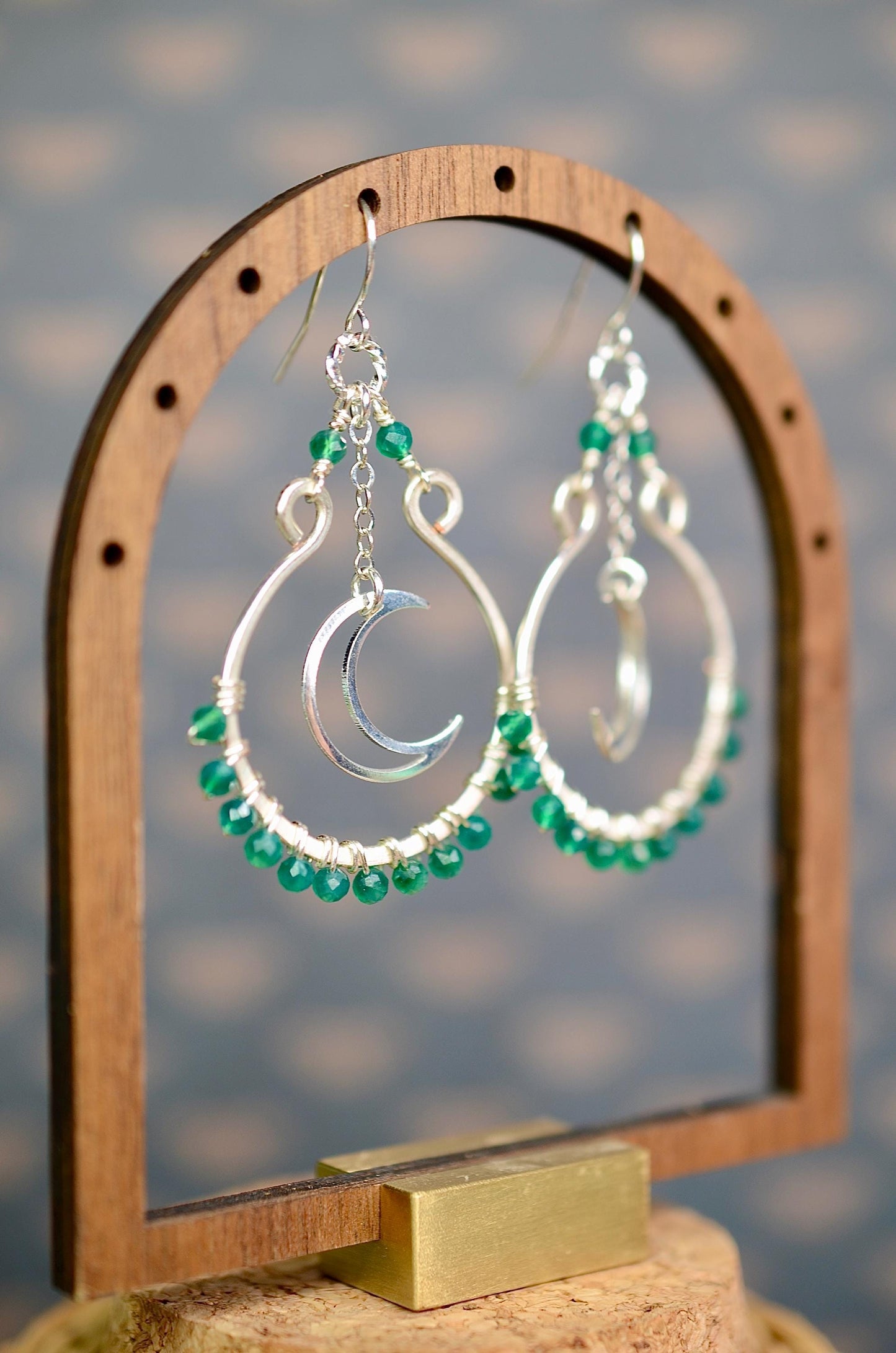Gemstone Earrings: Green Onyx Stone, Celestial Earrings, Moon Charm, Wire Wrapped Jewelry