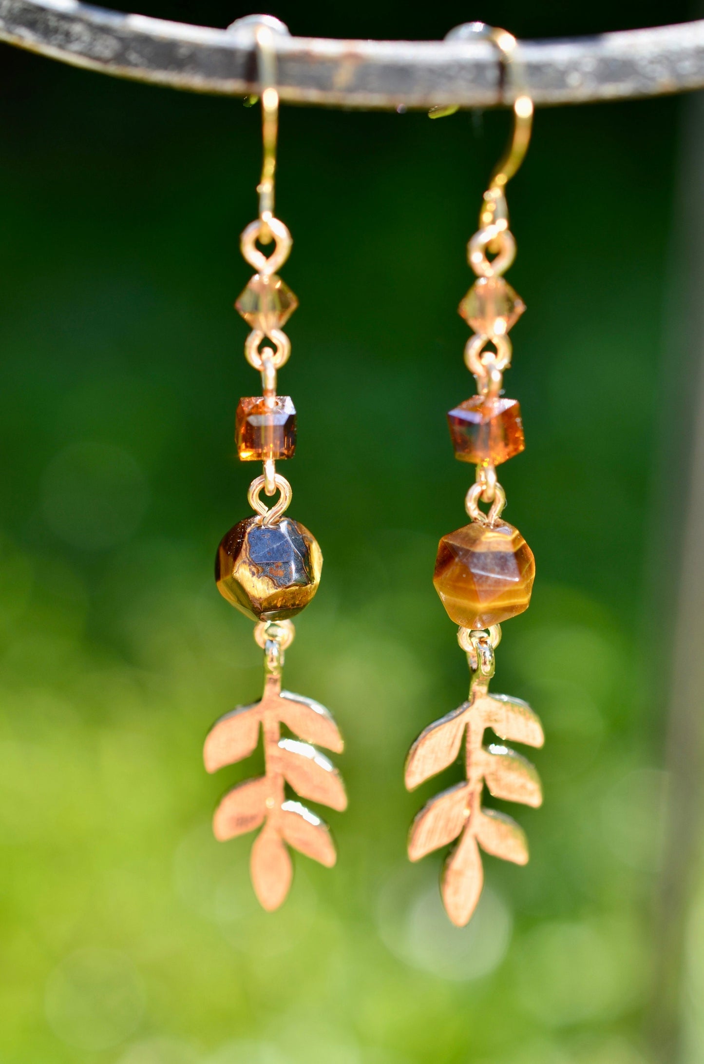 Tigers Eye Dangle Earrings, Leaf Charm, Gold Filled Jewelry, Boho Earrings