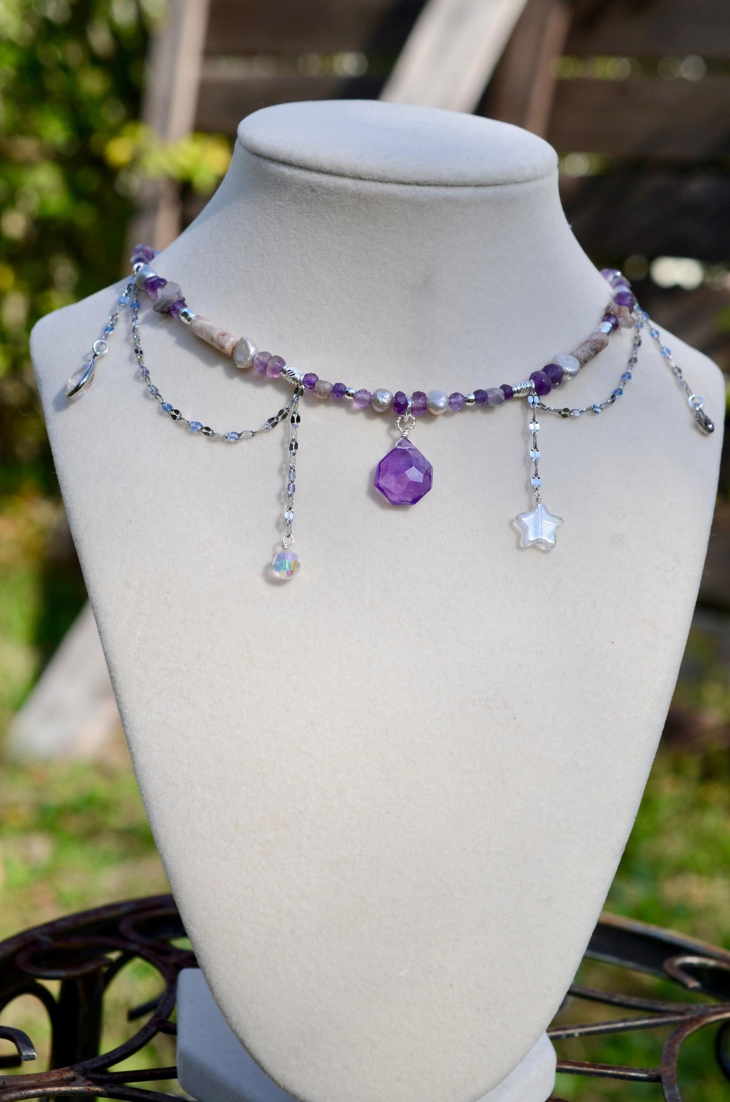 Amethyst Celestial Necklace and Bracelet Set, Sterling Silver