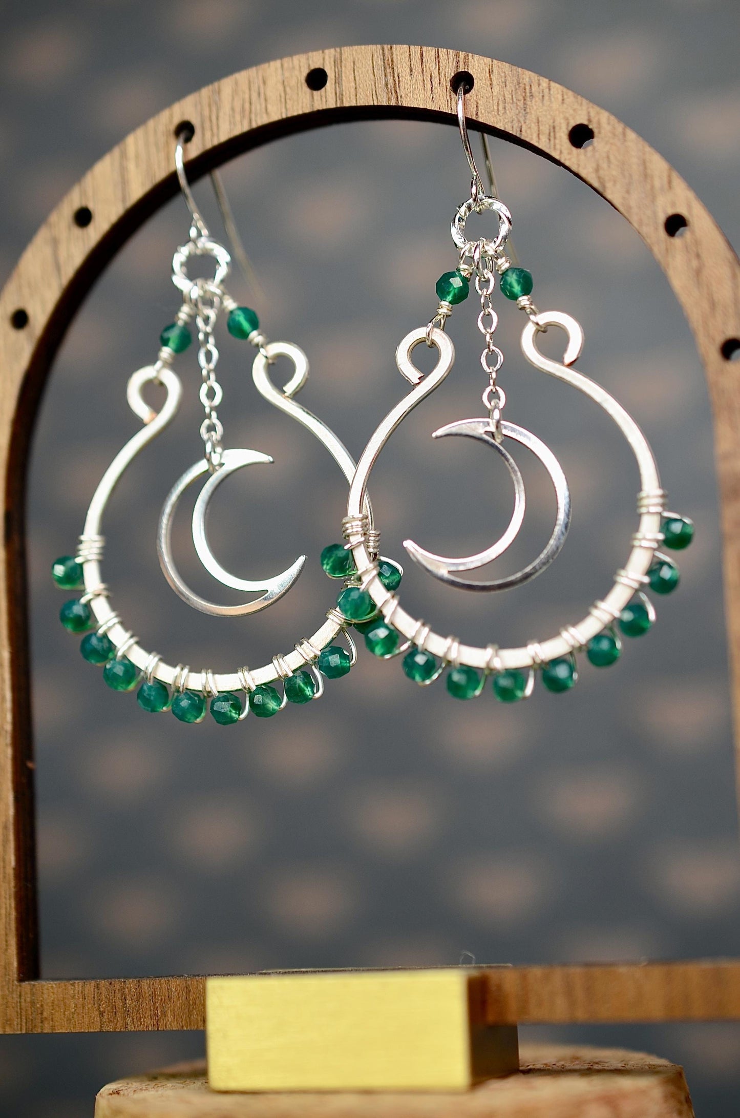 Gemstone Earrings: Green Onyx Stone, Celestial Earrings, Moon Charm, Wire Wrapped Jewelry