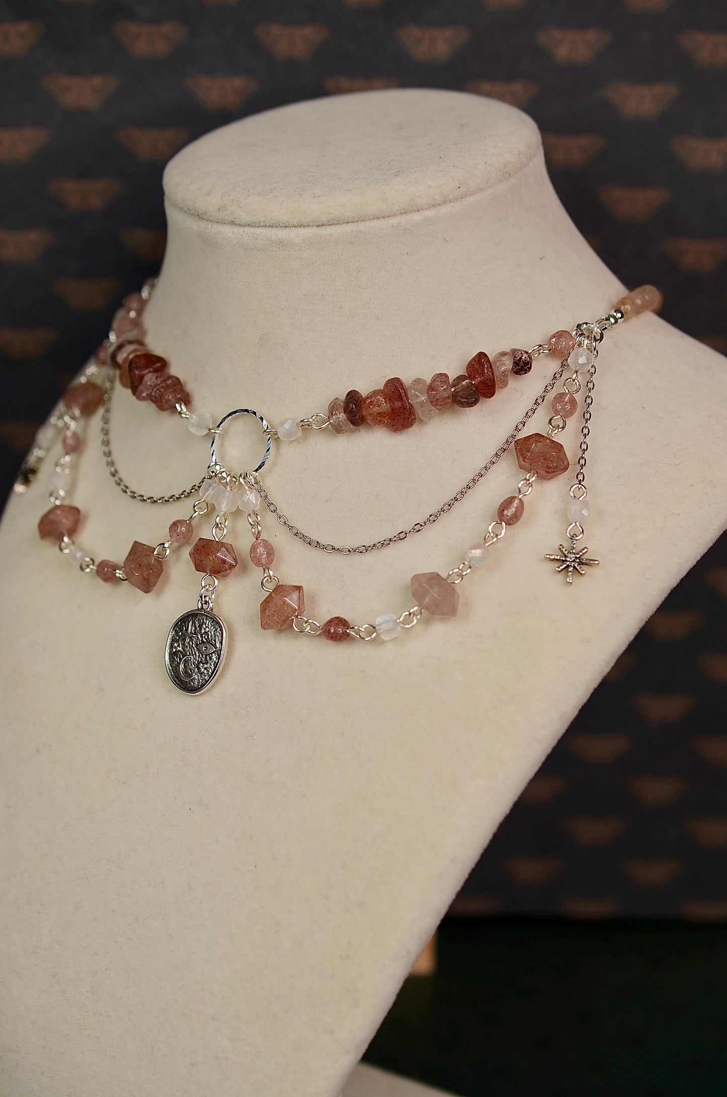 Gemstone Necklace: Strawberry Quartz, Celestial Jewelry, Moon and Stars, Crystal Choker, Sterling Silver Necklace, Stainless Steel