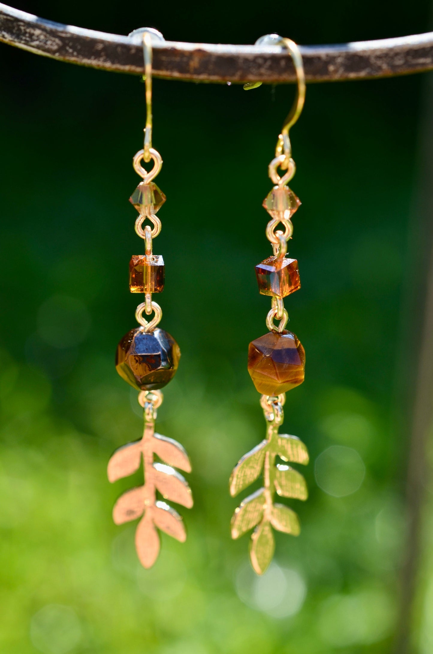 Tigers Eye Dangle Earrings, Leaf Charm, Gold Filled Jewelry, Boho Earrings