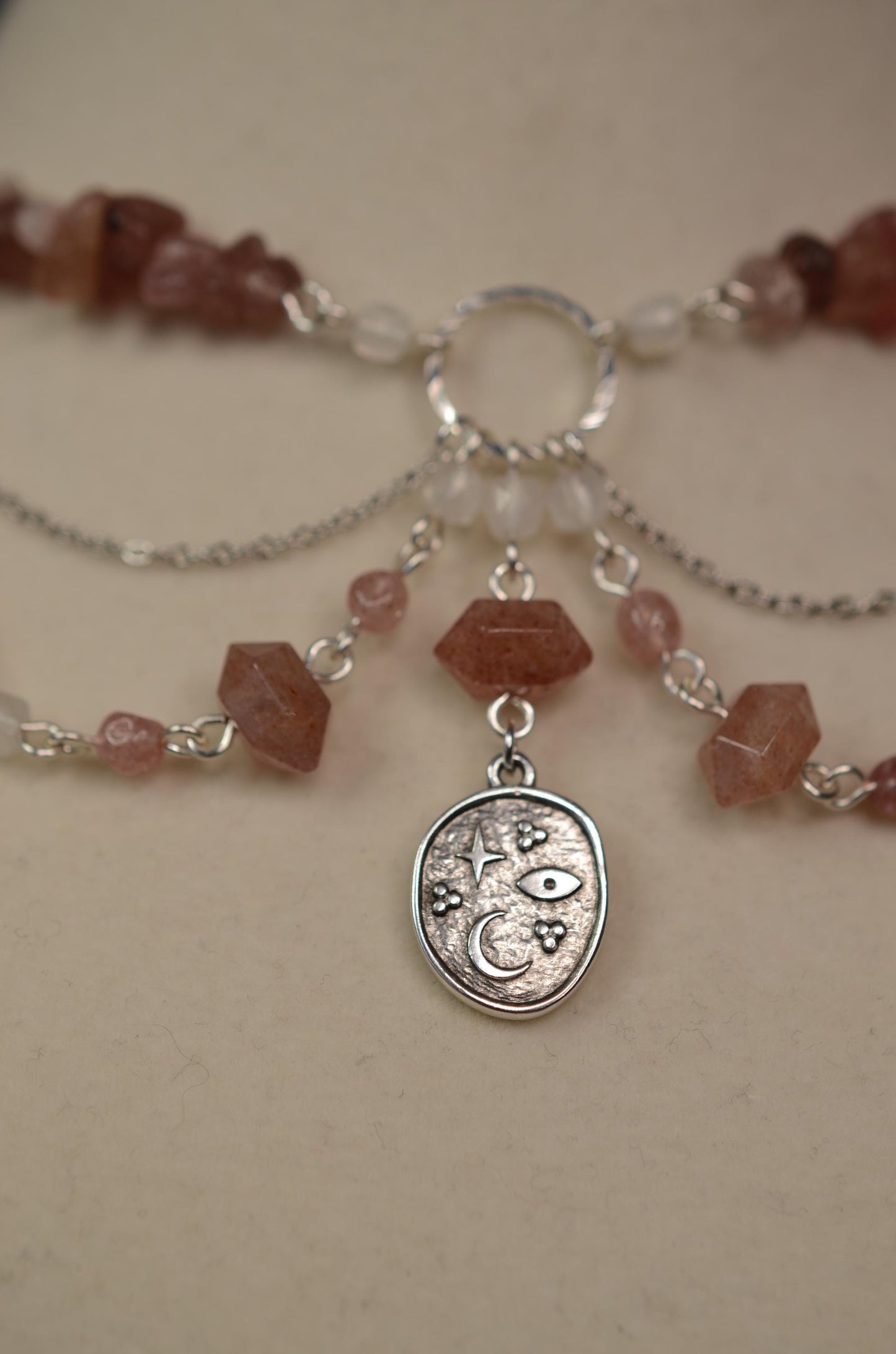 Gemstone Necklace: Strawberry Quartz, Celestial Jewelry, Moon and Stars, Crystal Choker, Sterling Silver Necklace, Stainless Steel