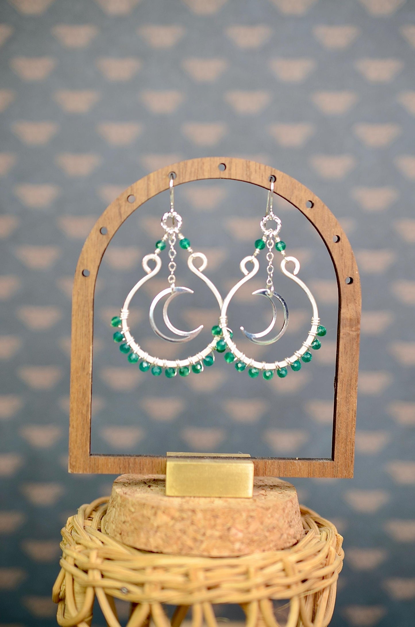 Gemstone Earrings: Green Onyx Stone, Celestial Earrings, Moon Charm, Wire Wrapped Jewelry