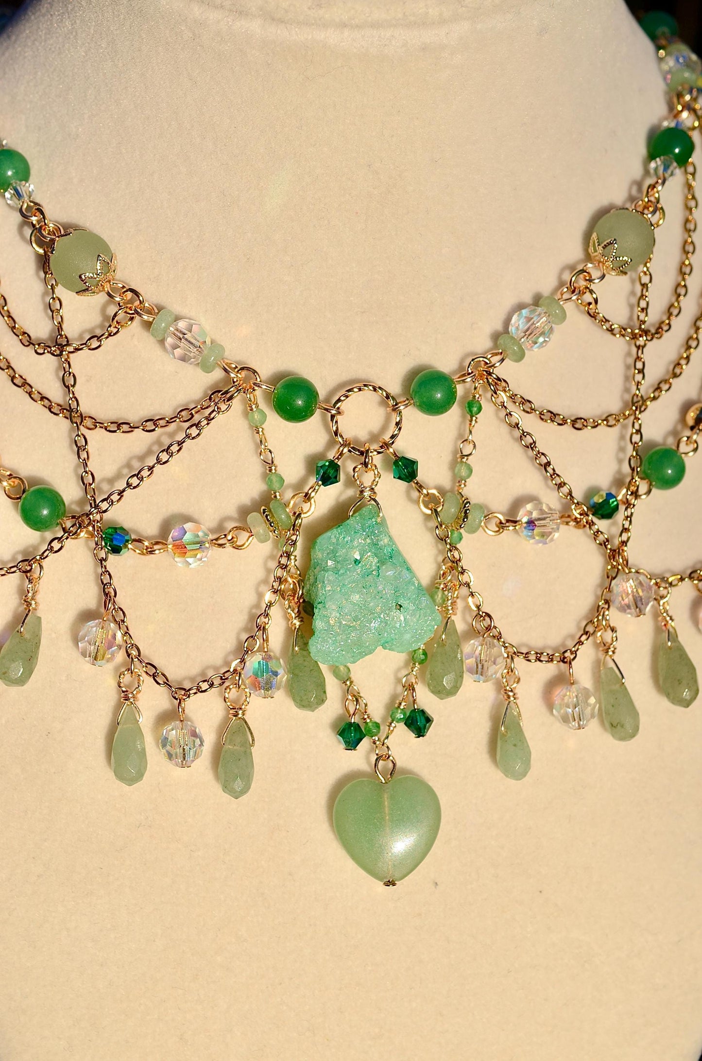 Green Aventurine Necklace, Druzy Agate Pendant, Gold Filled Crystal Jewelry