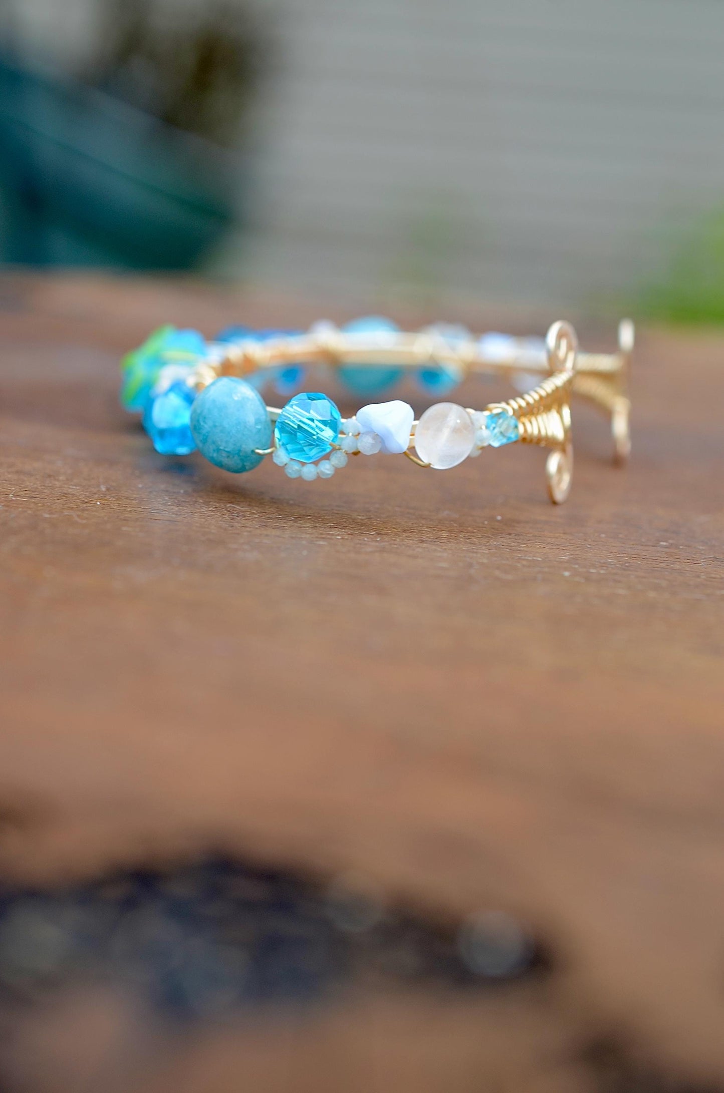 Whimsical Fairy Cuff Bracelet: Aquamarine & Moonstone Jewelry