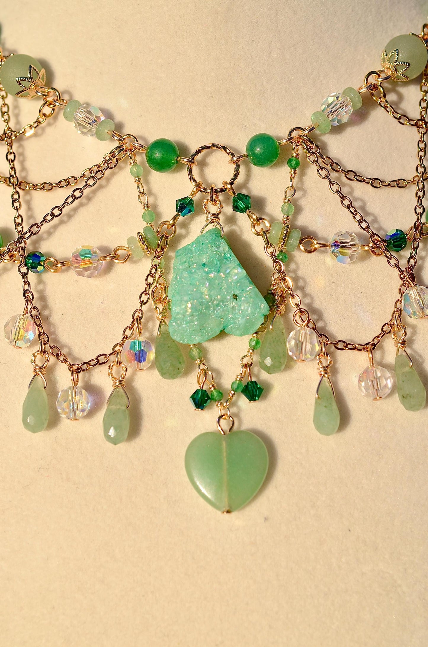 Green Aventurine Necklace, Druzy Agate Pendant, Gold Filled Crystal Jewelry