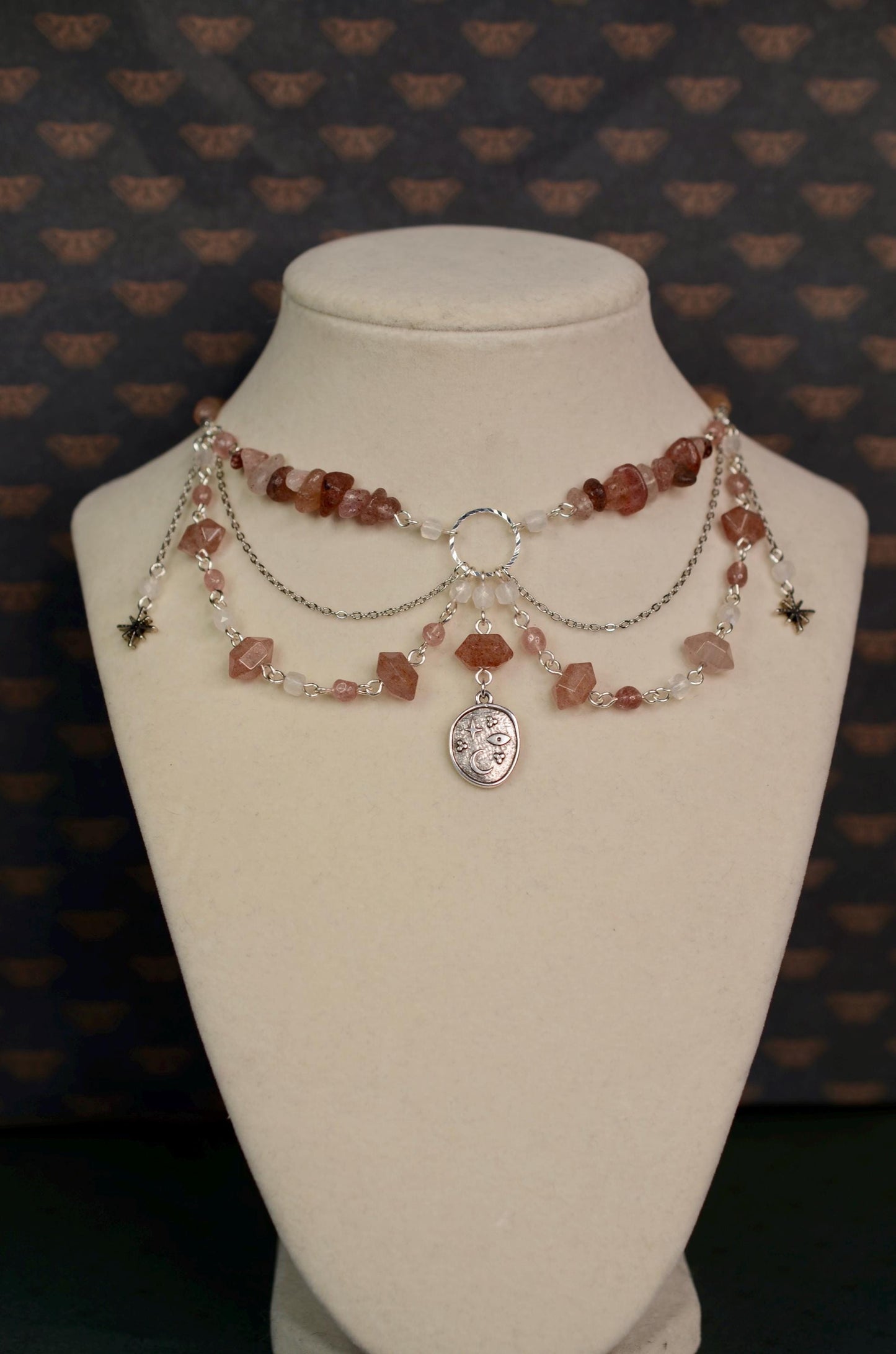 Gemstone Necklace: Strawberry Quartz, Celestial Jewelry, Moon and Stars, Crystal Choker, Sterling Silver Necklace, Stainless Steel