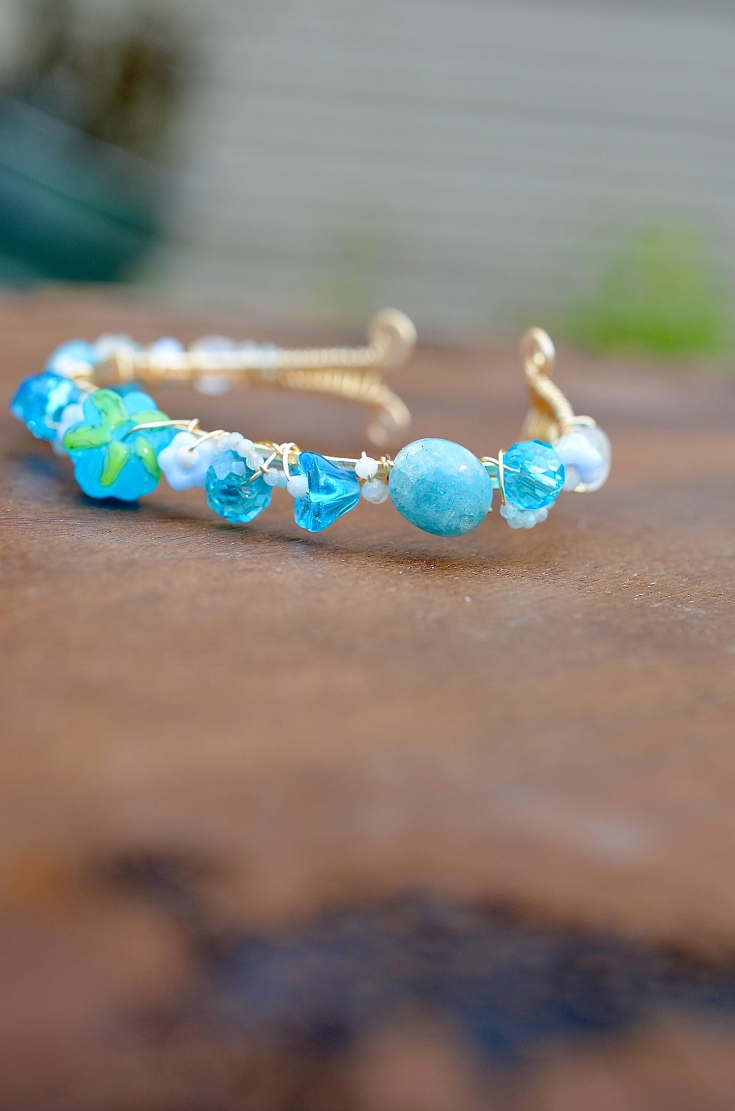 Whimsical Fairy Cuff Bracelet: Aquamarine & Moonstone Jewelry