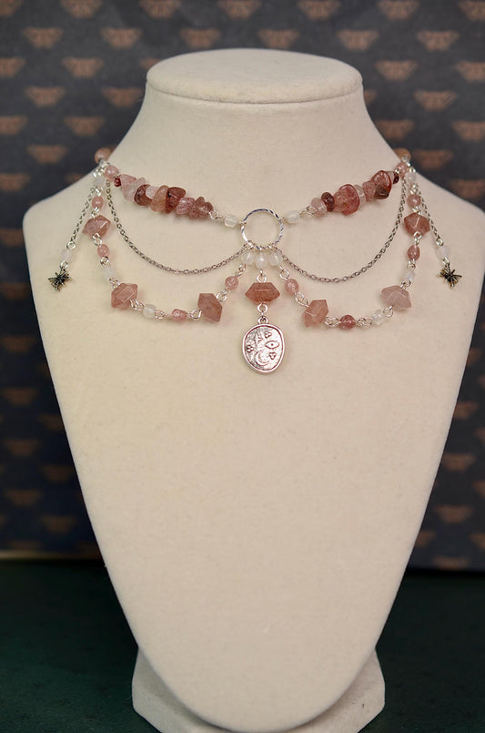 Gemstone Necklace: Strawberry Quartz, Celestial Jewelry, Moon and Stars, Crystal Choker, Sterling Silver Necklace, Stainless Steel