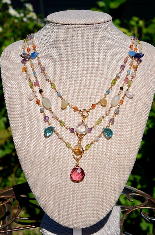 Mixed Gemstone Necklace: 14k Gold Filled, Multi Layer Boho Style
