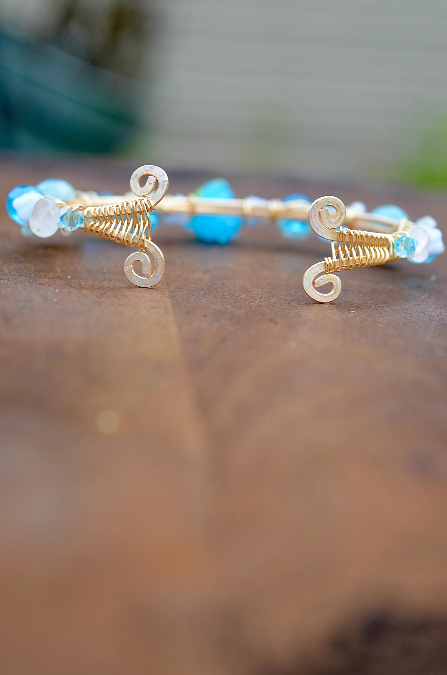 Whimsical Fairy Cuff Bracelet: Aquamarine & Moonstone Jewelry