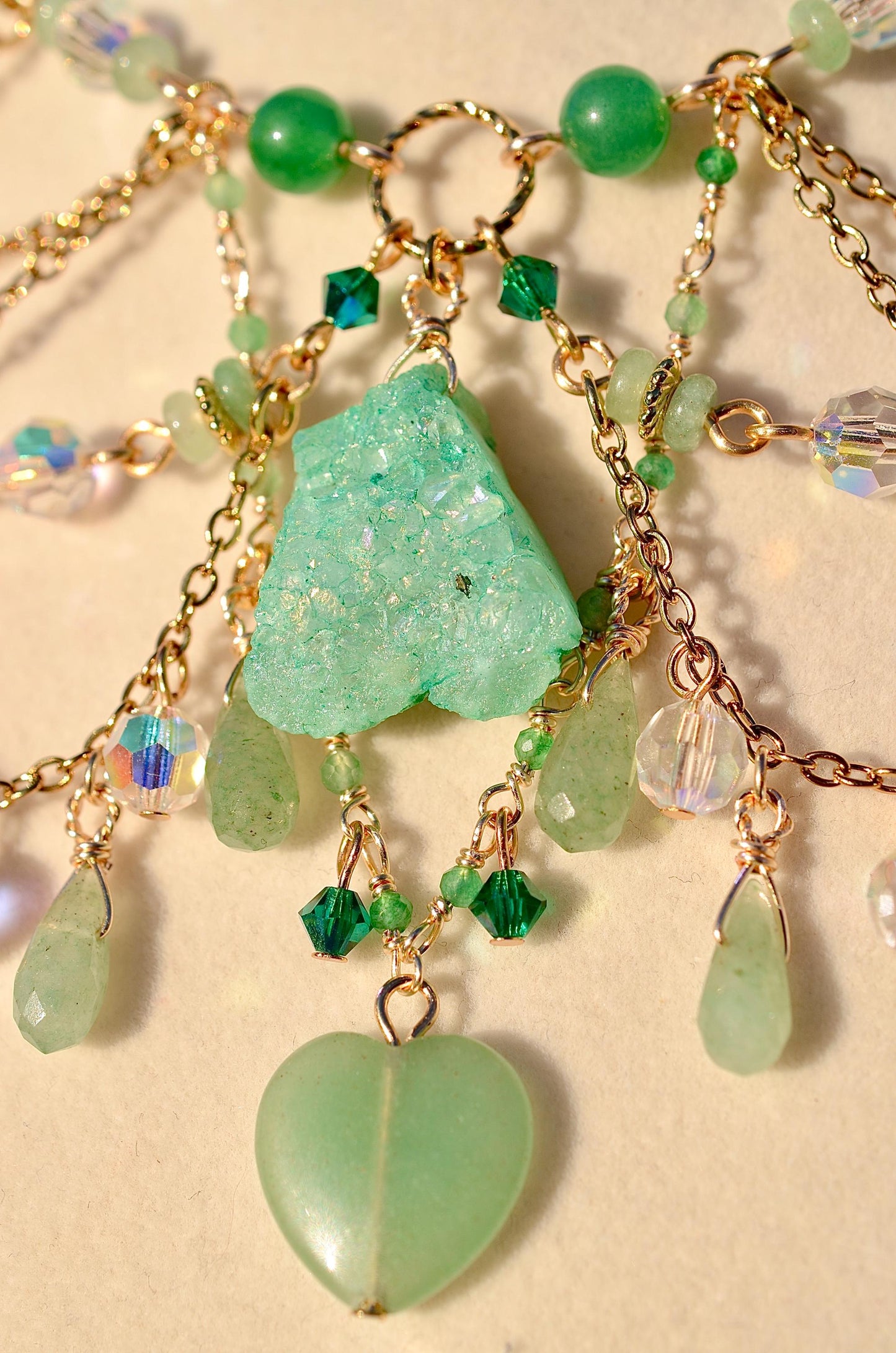Green Aventurine Necklace, Druzy Agate Pendant, Gold Filled Crystal Jewelry