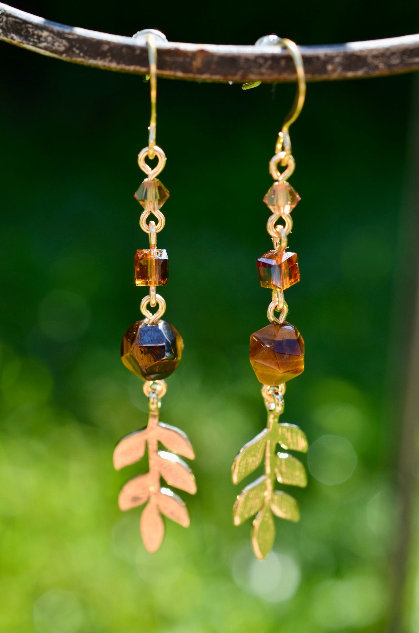 Tigers Eye Dangle Earrings, Leaf Charm, Gold Filled Jewelry, Boho Earrings