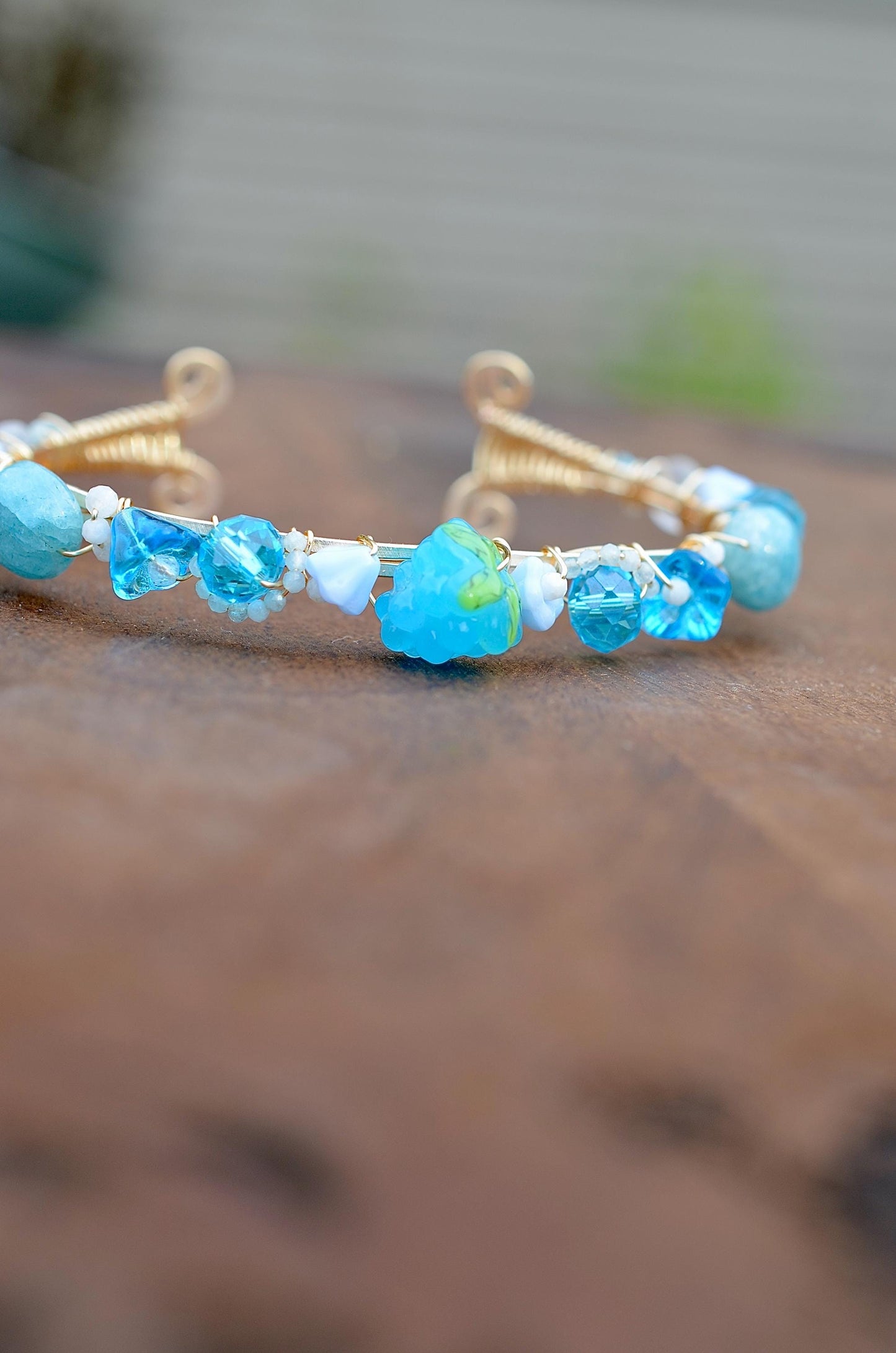 Whimsical Fairy Cuff Bracelet: Aquamarine & Moonstone Jewelry