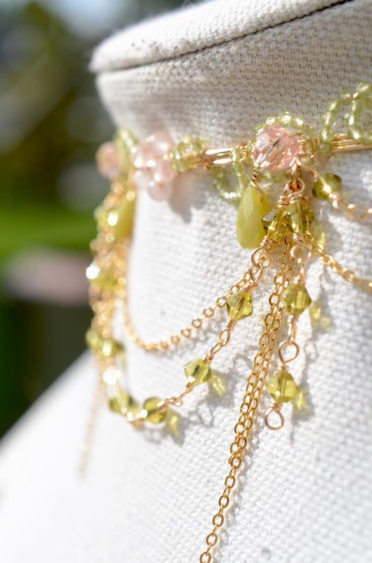 Whimsical Choker Necklace, Cottagecore, Fairycore Necklace, Crystal Necklace, Layering Necklace, Rose Quartz, Peridot, Gold Filled Necklace