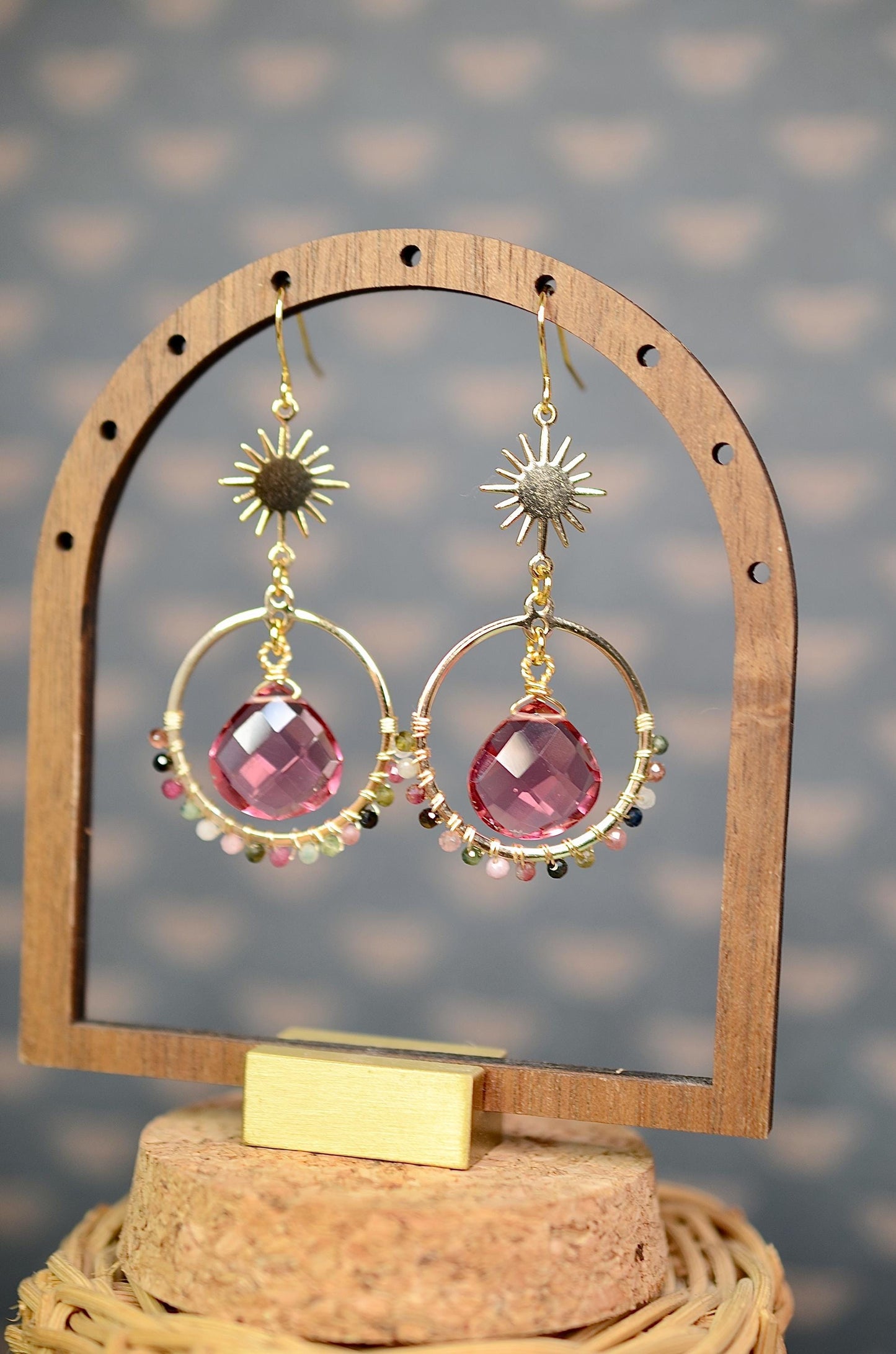 Gemstone Earrings: Tourmaline Stone, Celestial Earrings, Sun Charm, Wire Wrapped Jewelry