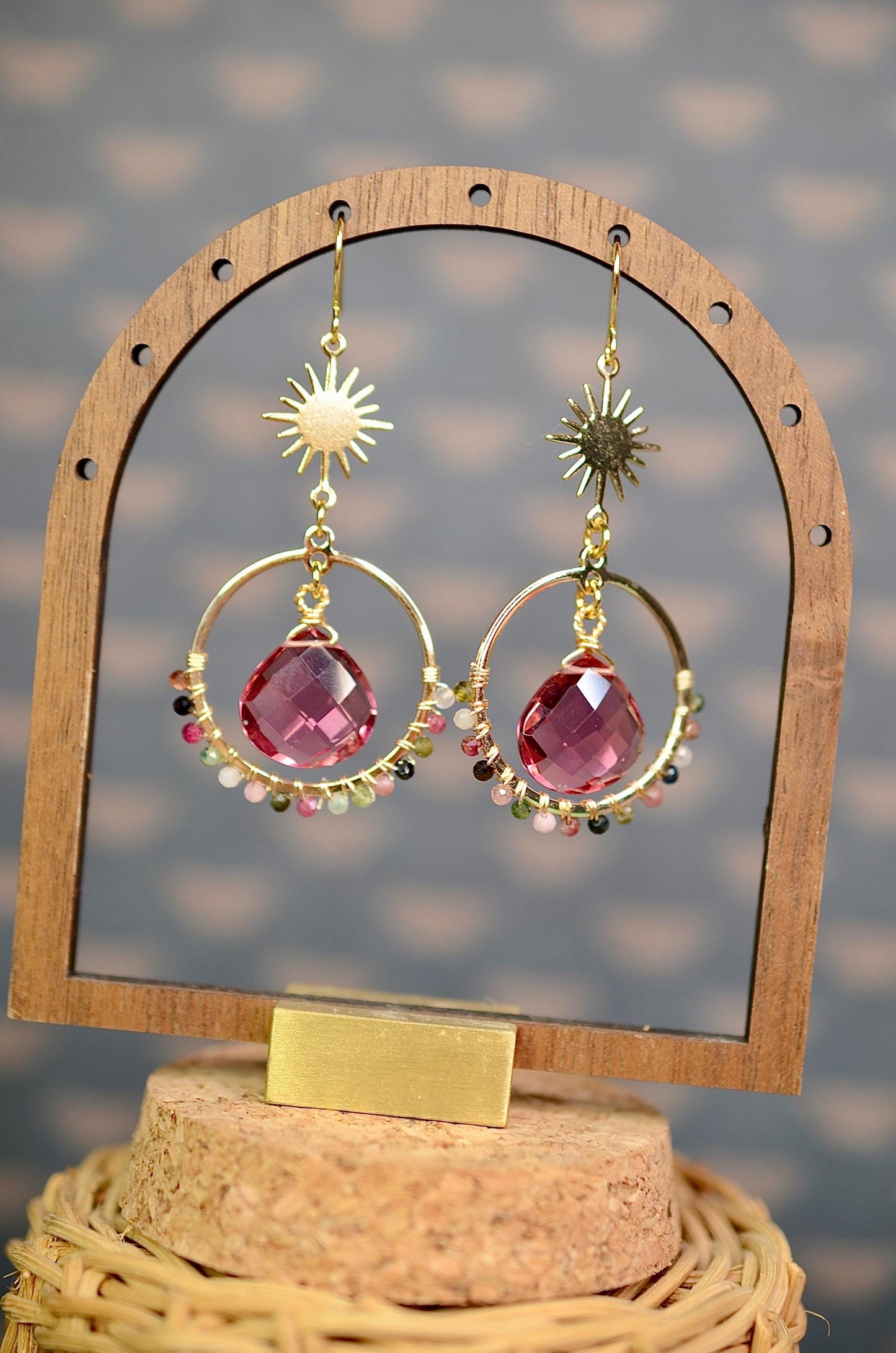 Gemstone Earrings: Tourmaline Stone, Celestial Earrings, Sun Charm, Wire Wrapped Jewelry