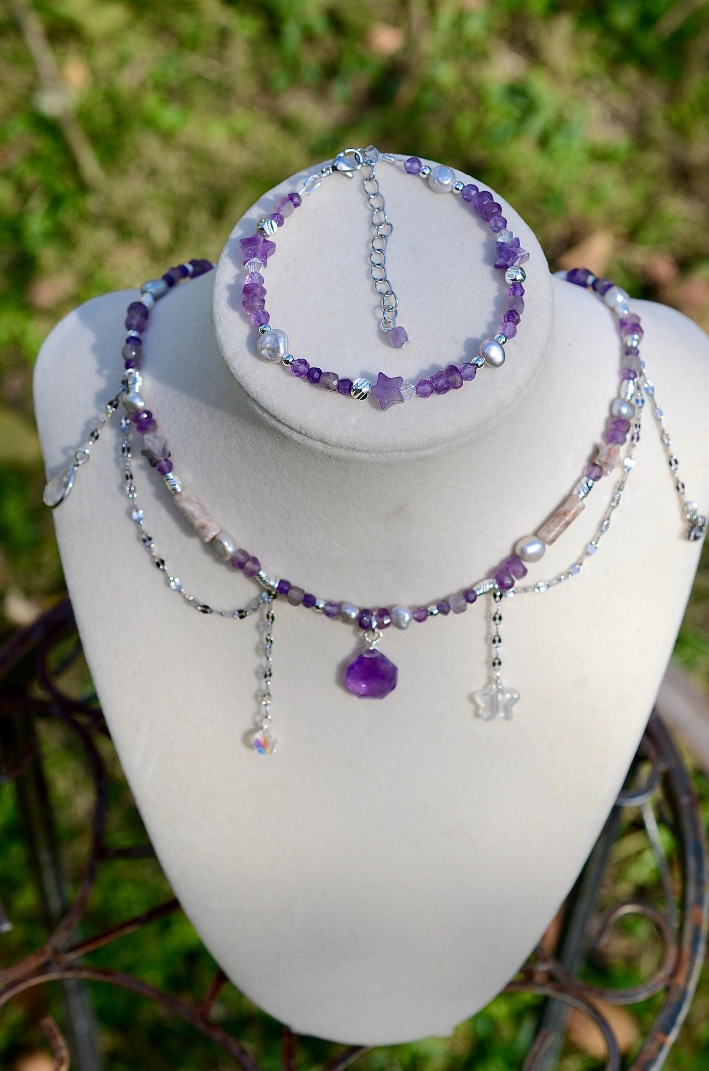 Amethyst Celestial Necklace and Bracelet Set, Sterling Silver