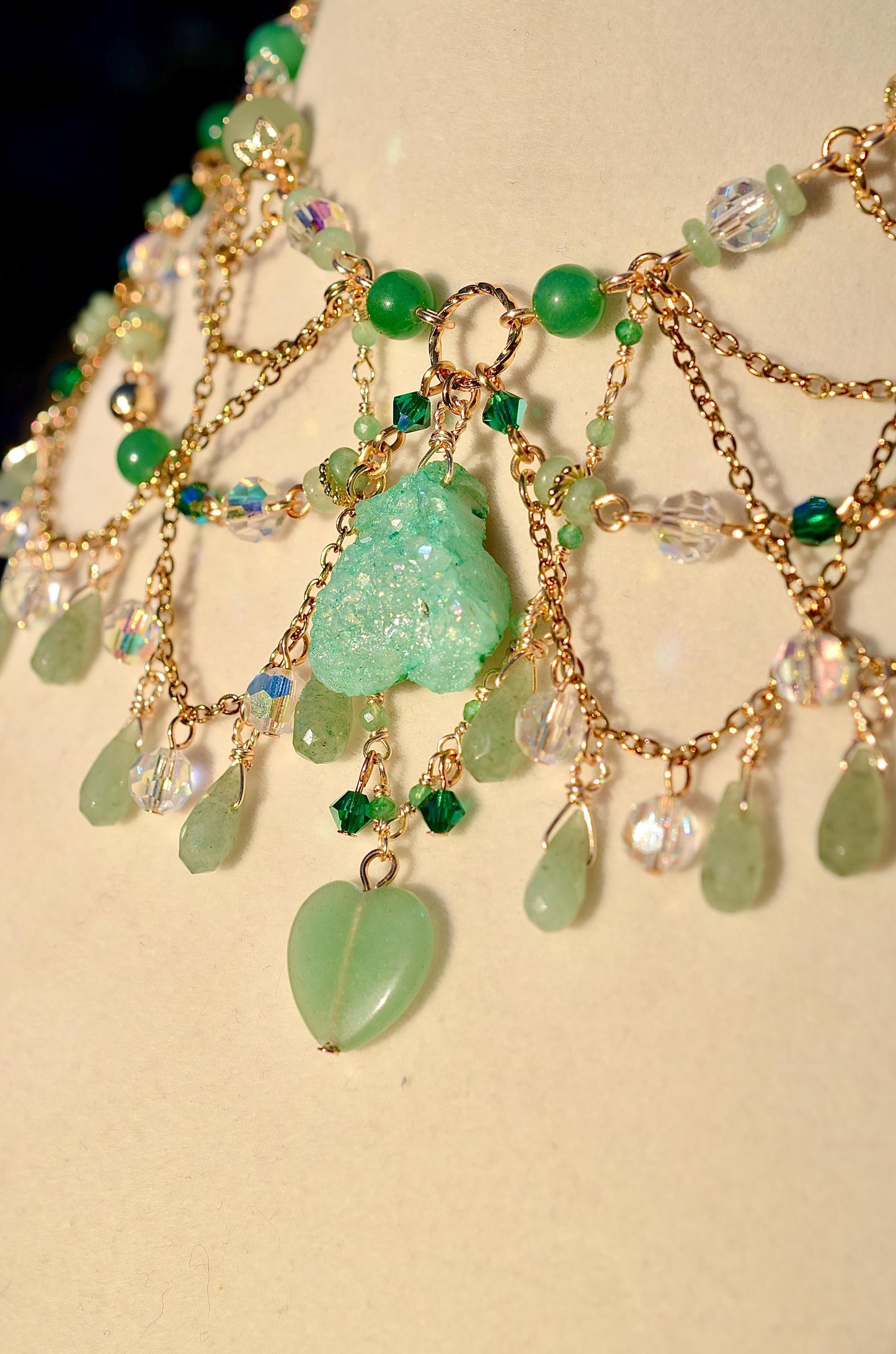 Green Aventurine Necklace, Druzy Agate Pendant, Gold Filled Crystal Jewelry