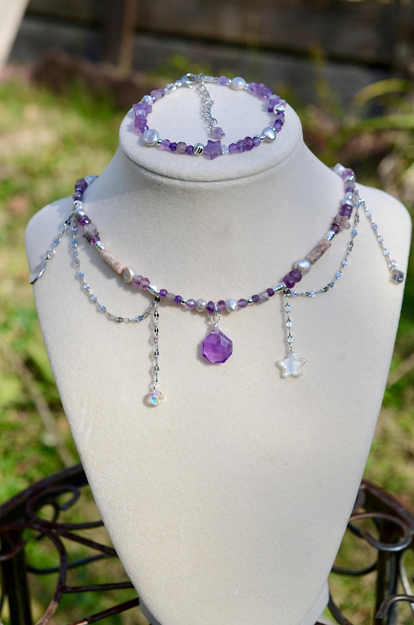 Amethyst Celestial Necklace and Bracelet Set, Sterling Silver