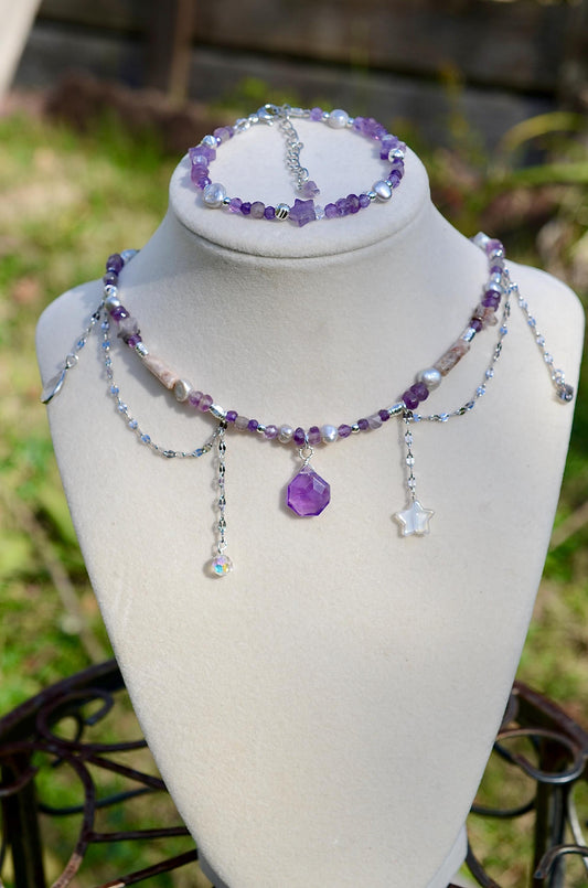 Amethyst Celestial Necklace and Bracelet Set, Sterling Silver