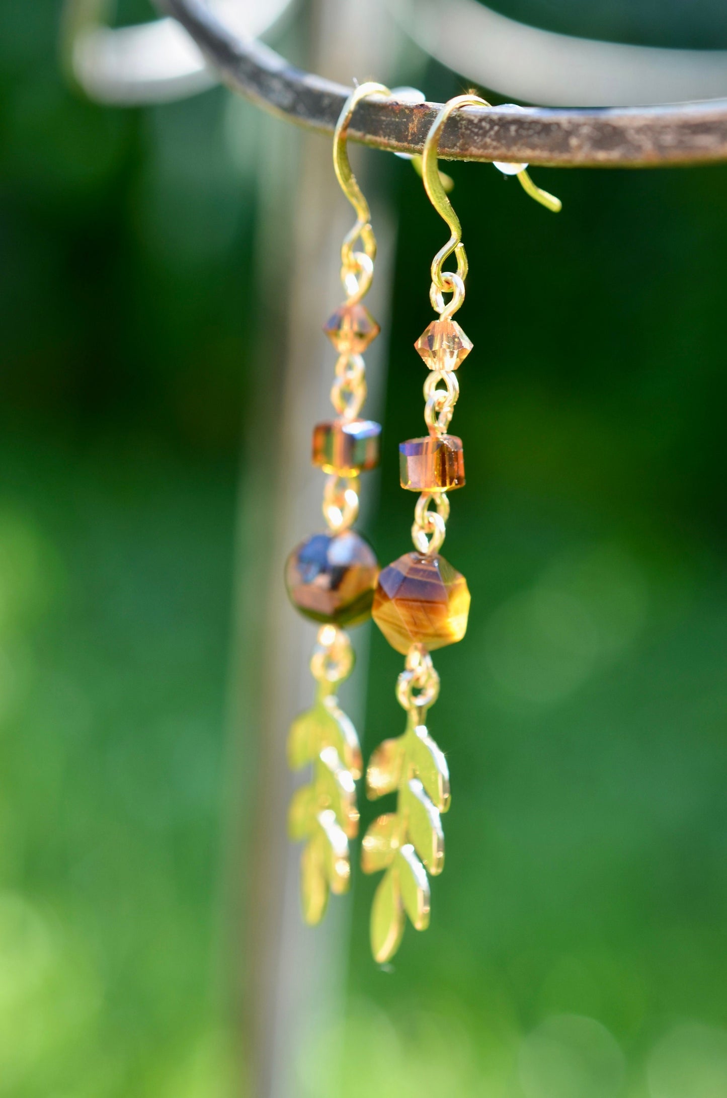 Tigers Eye Dangle Earrings, Leaf Charm, Gold Filled Jewelry, Boho Earrings