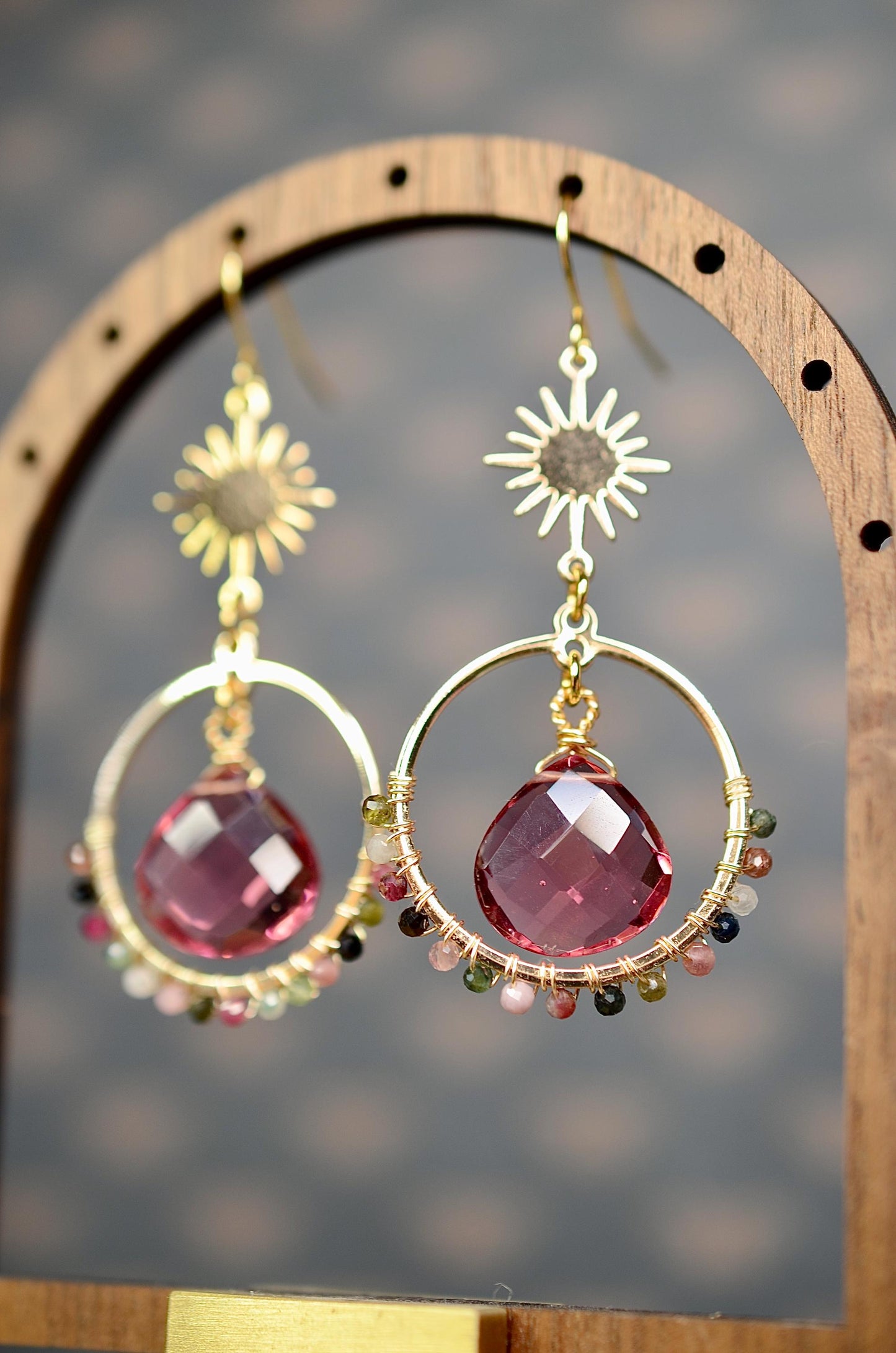 Gemstone Earrings: Tourmaline Stone, Celestial Earrings, Sun Charm, Wire Wrapped Jewelry